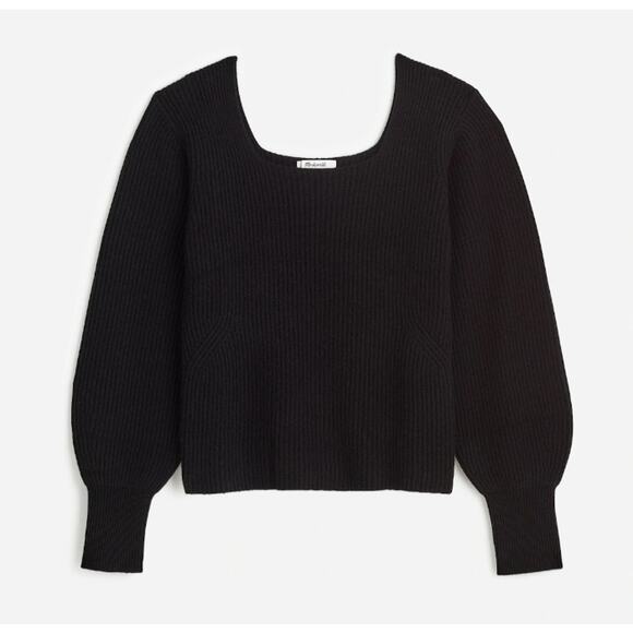 Madewell Soft Wool-Blend Square-Neck Pullover Sweater 2XS Black Blouson Sleeve - Picture 3 of 9